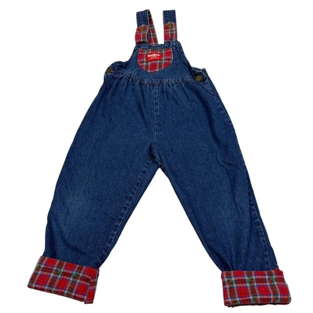 Vintage OshKosh Overalls with Red Plaid Details and matching Button Up Shirt set